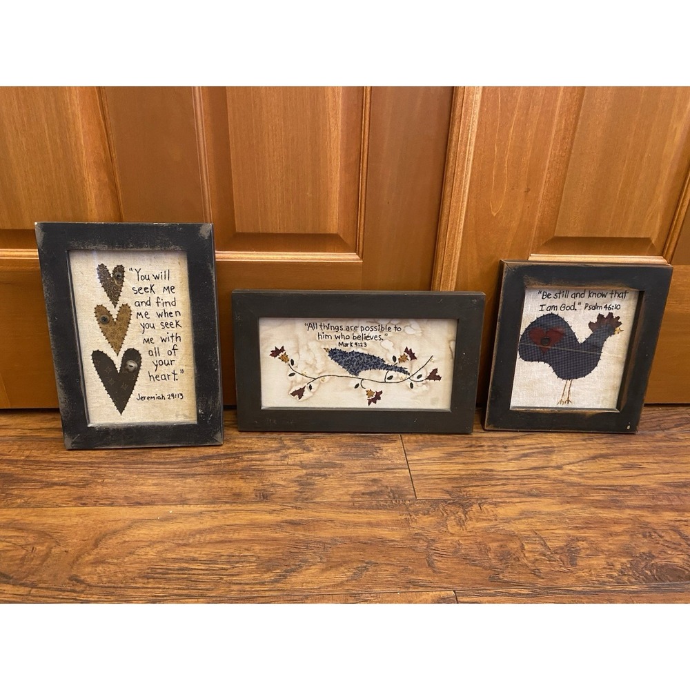 Handmade Framed Folk Art Chicken Rooster Embroidered Primitive Bible Rustic Set